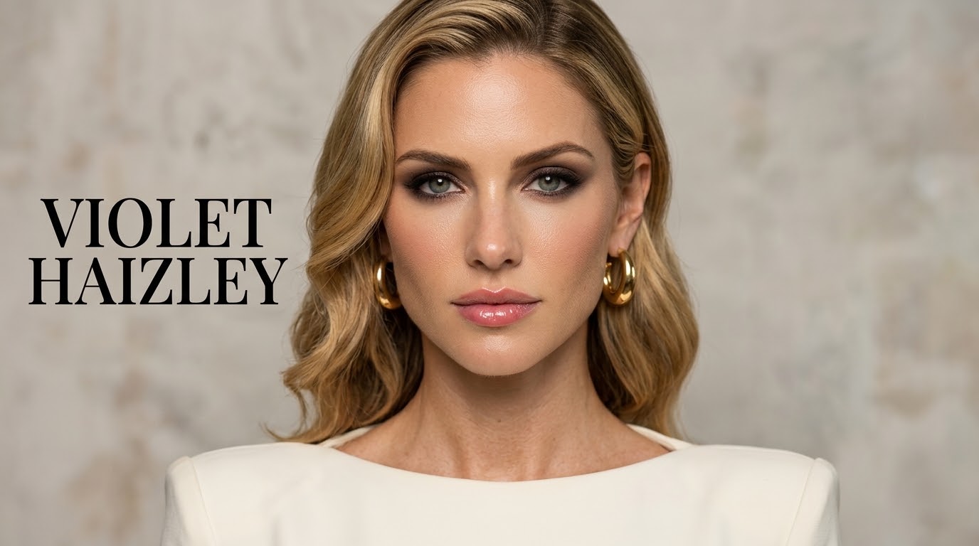 Editorial portrait of Violet Haizley on a bone-toned background